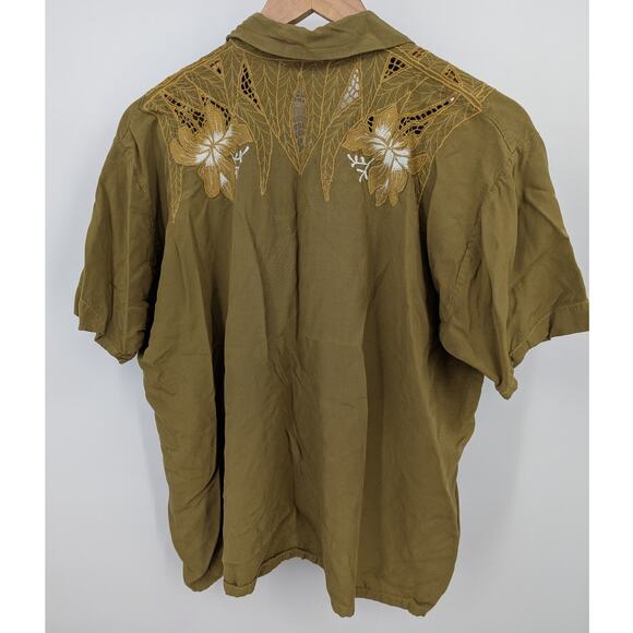 Vtg 70s Olive Green Embroidered Front Button Blouse Collared Sz M Crochet Hippie - Picture 2 of 3